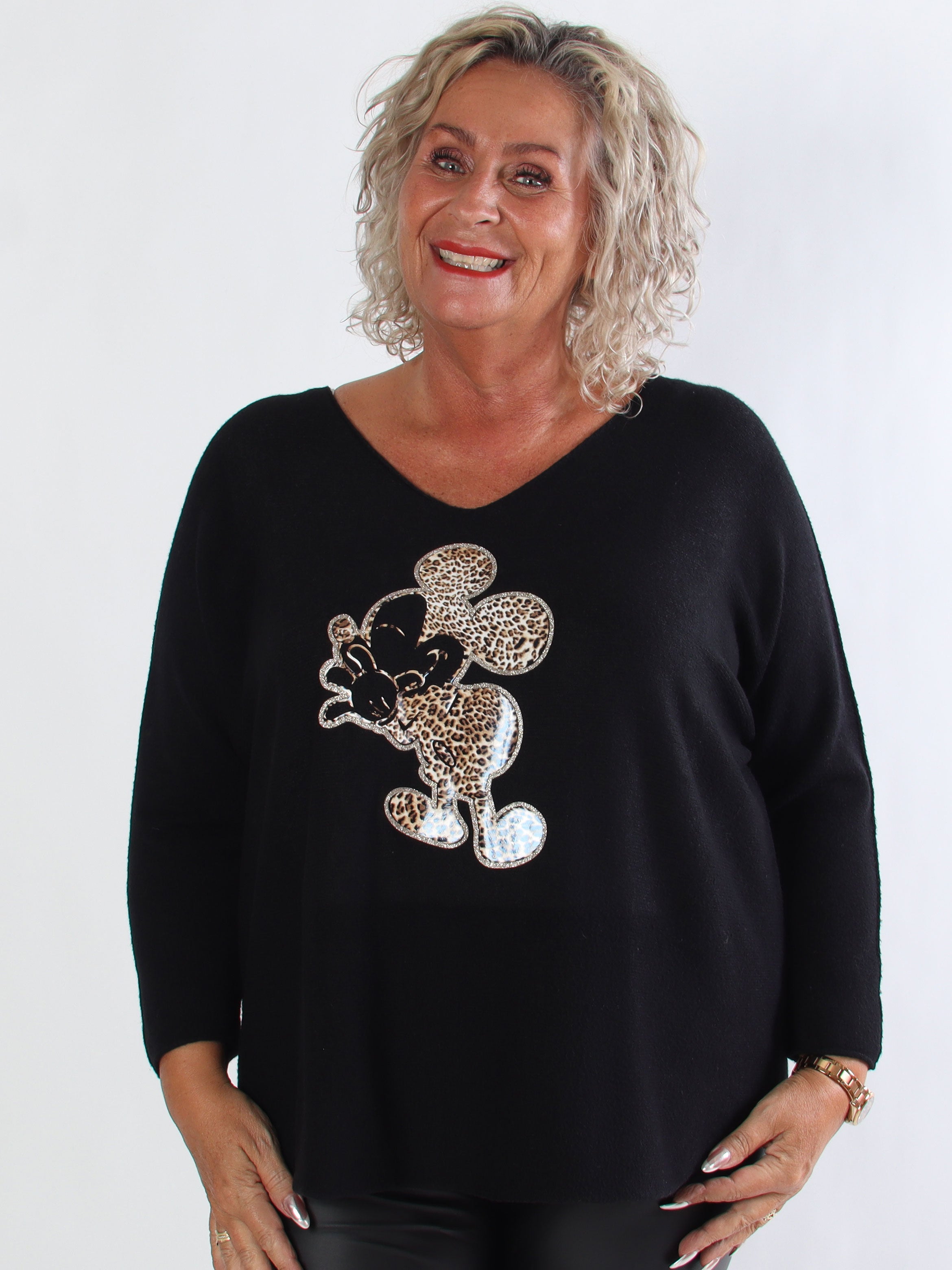 Mouse - Mjuk plus size tröja med mickey tryck i leopardmönster
